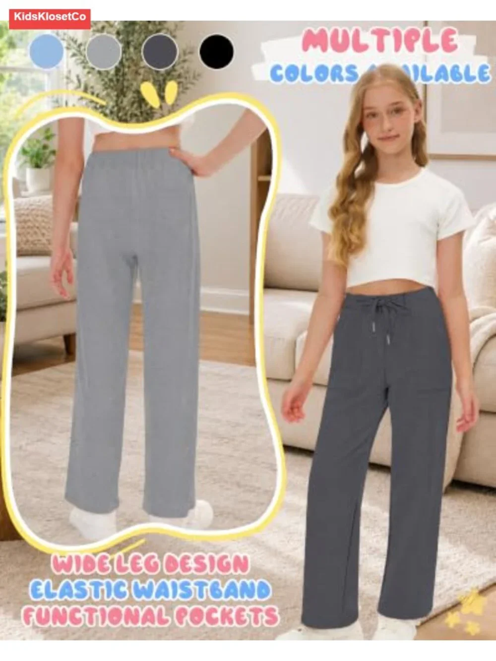 Girls Sweatpants 4 Pack Wide Leg Loose Fit Drawstring 95% Polyester 5% Spandex